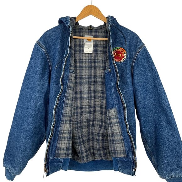 Vintage Carhartt Blanket Lined Jacket Mens M Denim Hooded Buffalo Plaid J139 DST - Picture 8 of 16